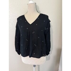 ana a new approach Black Floral Embroidered‎ V-Neck Blouse Petite Medium PM
